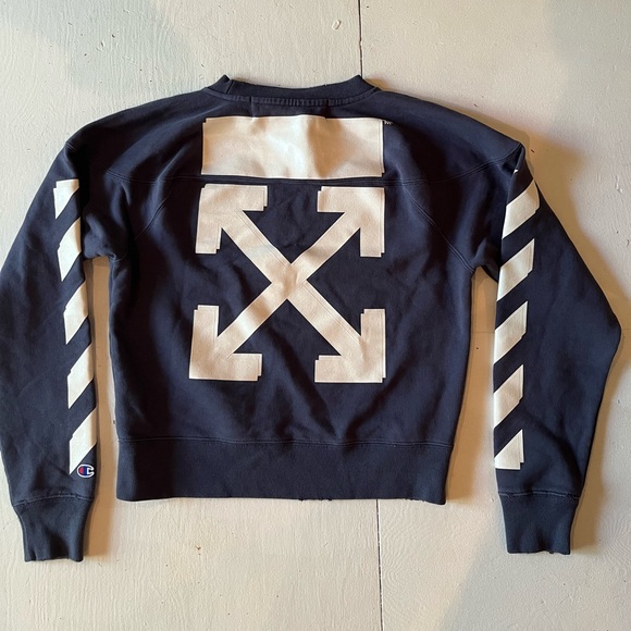 OFF-white main label champion blue sweatshirt, x on back, stripe bars down XS